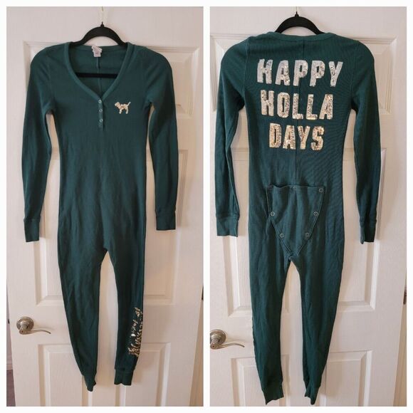 Victorias Secret Pink One piece pajama XS Bling Long Jane Thermal Holla Days